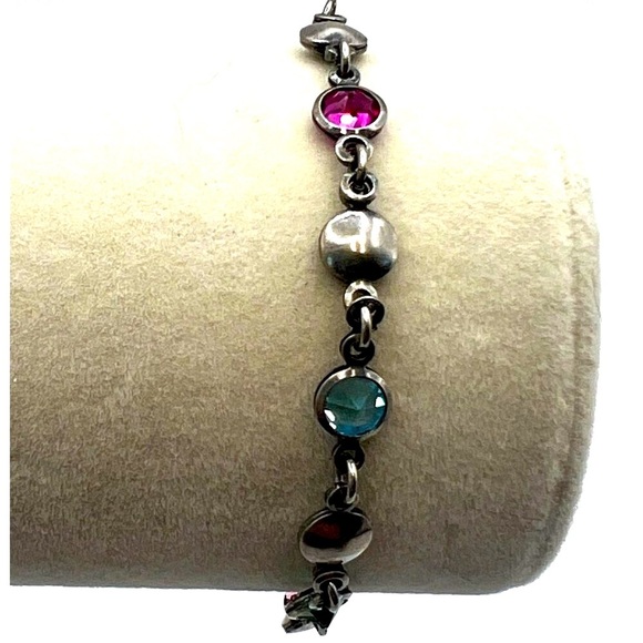 Italian 925 Sterling Silver Bracelet With Faceted Glass Gems   M27 - Picture 1 of 8